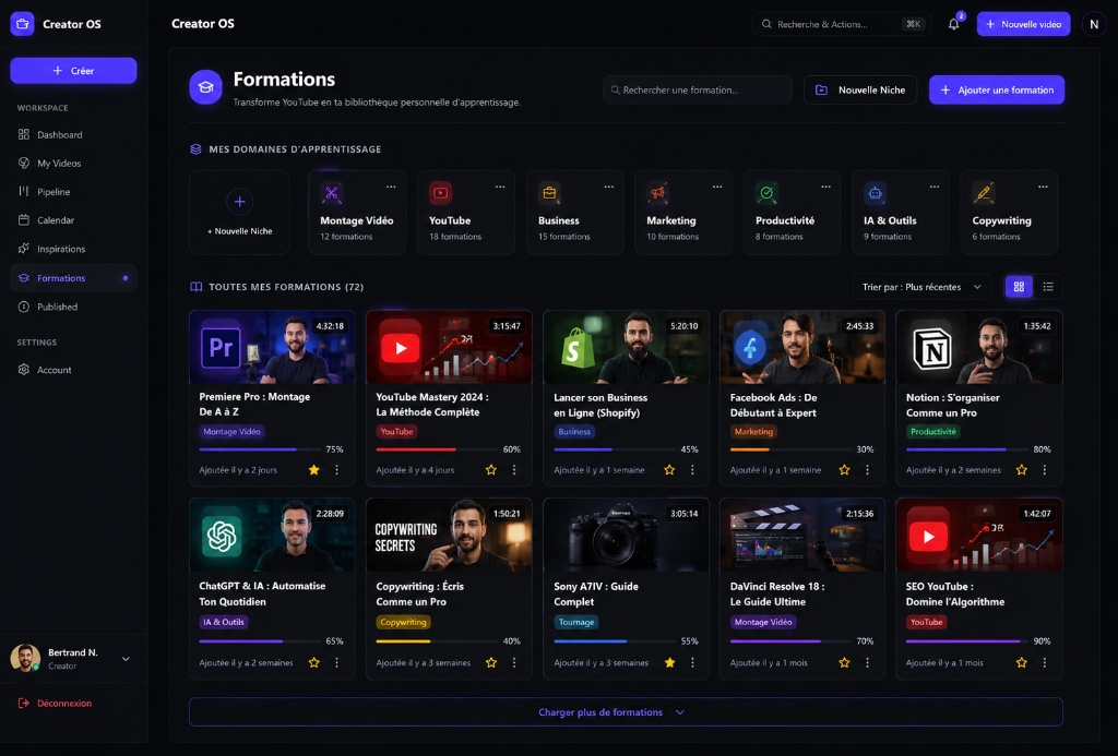 Bibliothèque de formations YouTube de Creator OS pour organiser son apprentissage